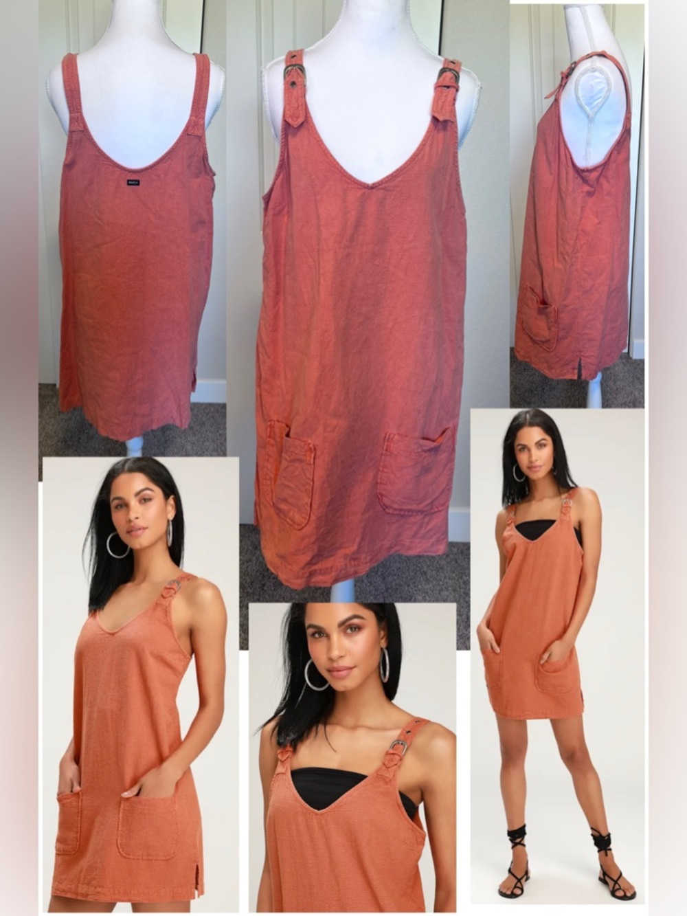 RVCA Rust Overall Dress Buckle Adjustable Straps Cotton Linen Sz 12 Large